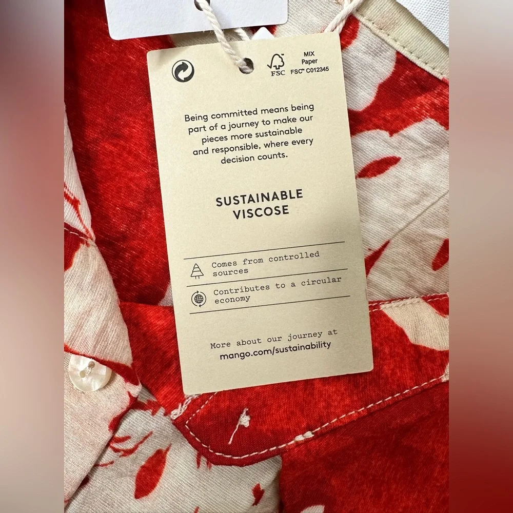 Mango Floral Shirt Dress Women’s Size Small Red Beige Bow Button Up Collared New